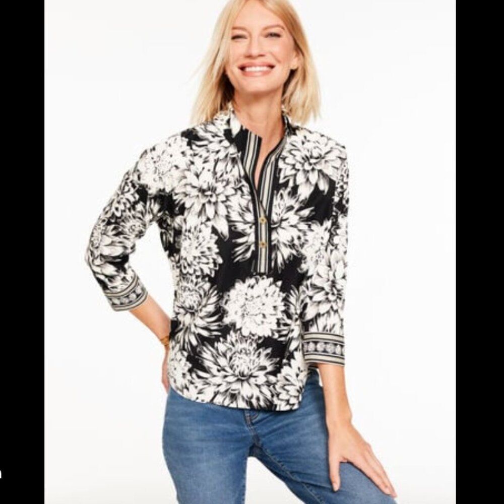 Talbots Poplin Popover Dynamic Floral Black White Blouse 3X NWT Plus